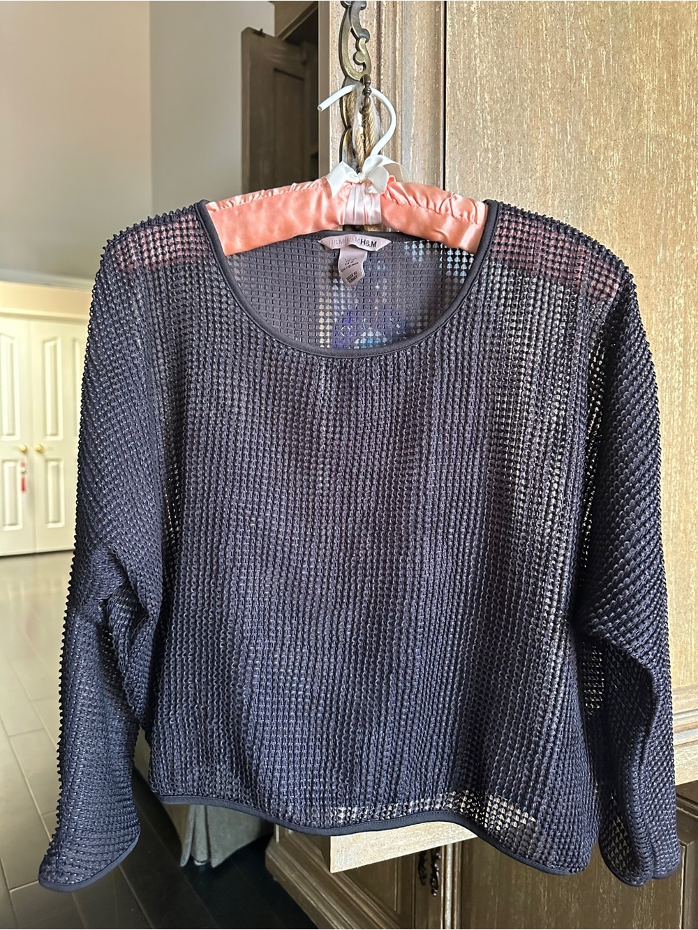 H&M Black Open-Weave Boxy Long Sleeve Mesh Top Size 10 EUC!